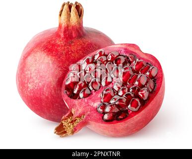 Isolated pomegranate. One whole and Half of pomegranate fruit isolated on white background with clipping path Stock Photo