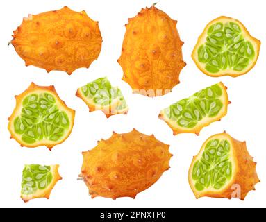 Isolated kiwanos. Collection of whole and cut kiwano melon fruit of different shapes isolated on white background with clipping path Stock Photo