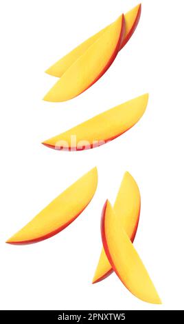 Isolated flying mango slices. Falling mango fruits isolated on white background with clipping path Stock Photo