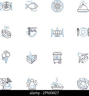 Eating-out hub line icons collection. Restaurant, Diner, Cafe, Bistro, Brasserie, Pub, Tavern vector and linear illustration. Eatery,Buffet,Foodcourt Stock Vector