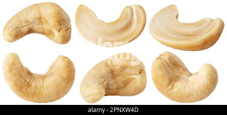 Isolated roasted cashew nuts. Collection of roasted cashew nuts and halves, different angles isolated on white background with clipping path Stock Photo