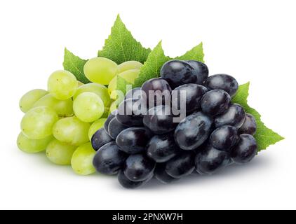 Isolated grapes. Pile of dark blue and green (yellow) grapes with leaves isolated on white background with clipping path Stock Photo