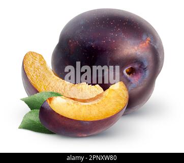 Isolated plums. Whole and two pieces of blue plum fruit with leaves isolated on white background with clipping path Stock Photo