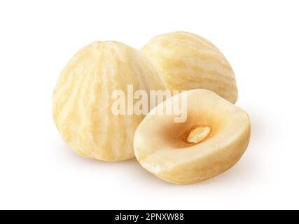 Isolated roasted halelnuts. Pile of peeled hazelnuts isolated on white background with clipping path Stock Photo