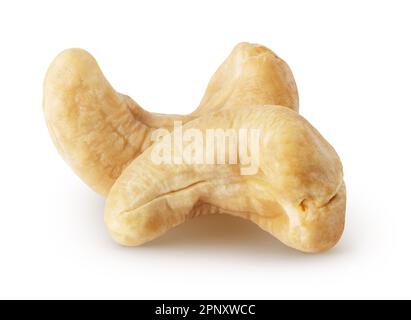 Isolated roasted cashew nuts. Closeup of two roasted cashew nuts isolated on white background with clipping path Stock Photo