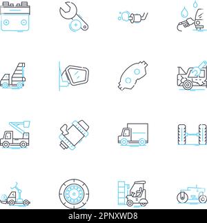 Automotive repair linear icons set. Diagnosis, Maintenance, Engine, Suspension, Transmission, Brakes, Clutch line vector and concept signs. Oil Stock Vector