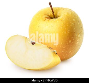 Isolated apples. Whole yellow (golden) apple fruit with slice isolated on white, with clipping path Stock Photo
