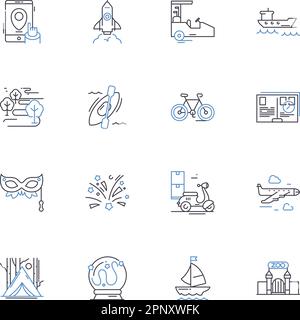 Tripping line icons collection. Exploring, Adventuring, Journeying, Discovering, Roaming, Trekking, Wandering vector and linear illustration. Hiking Stock Vector