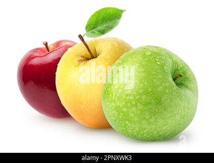 Isolated wet apples. Green, yellow, red apple fruits isolated on white background with clipping path Stock Photo