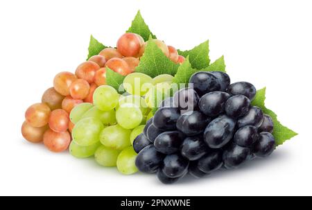 Isolated grapes. Dark blue, green (yellow), red grapes with leaves isolated on white background with clipping path Stock Photo
