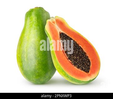 Isolated papaya. Whole papaya fruit and half with seeds isolated on white background with clipping path Stock Photo