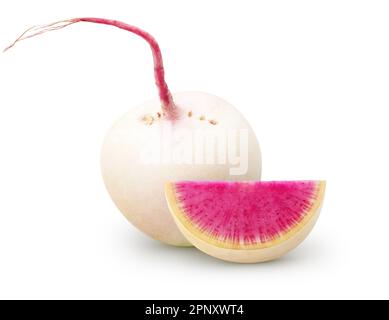 Isolated watermelon radishes. Whole raw watermelon radish with a piece isolated on white background with clipping path Stock Photo