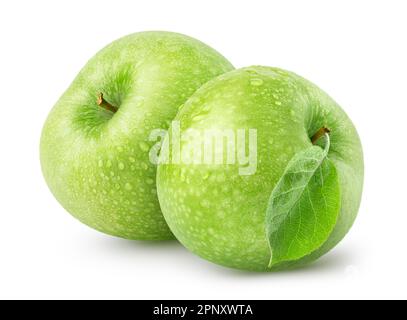 Isolated apples. Two whole wet green apple fruits isolated on white background with clipping path Stock Photo