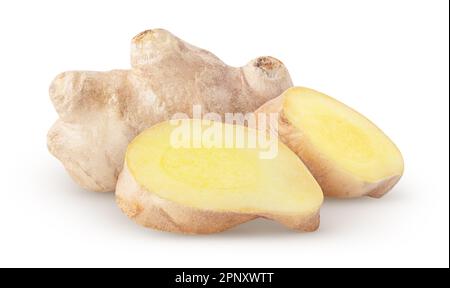 Isolated ginger. Piece of raw ginger with slices isolated on white background, with clipping path Stock Photo