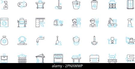 Bathroom fixtures linear icons set. Faucet, Showerhead, Sink, Toilet, Bathtub, Mirror, Towel bar line vector and concept signs. Soap dispenser Stock Vector