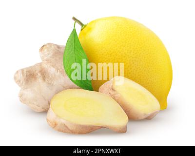 Isolated lemon and ginger. Raw ginger root with two slices and lemon fruit isolated on white background, with clipping path Stock Photo