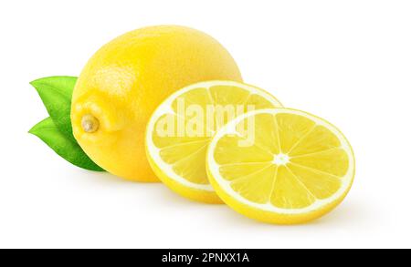 Isolated lemons. Whole lemon fruit and slices with leaves isolated on white with clipping path Stock Photo