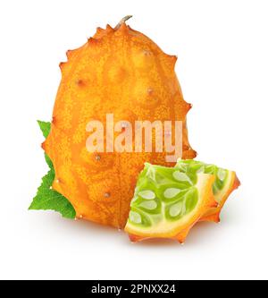 Isolated kiwanos. Whole kiwano melon fruit and two pieces with leaves isolated on white background with clipping path Stock Photo