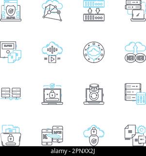 Digital security linear icons set. Encryption, Passwords, Vulnerabilities, Hackers, Malware, Firewall, Phishing line vector and concept signs. Spam Stock Vector