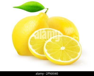 Isolated lemons. Two whole lemon fruits and slices isolated on white with clipping path Stock Photo