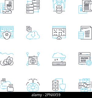 Asset management linear icons set. Investments, Portfolio, Optimization, Allocation, Diversification, Risk, Performance line vector and concept signs Stock Vector