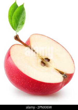 Isolated sliced apple. Half of red, pink apple fruit with leaves isolated on white with clipping path Stock Photo