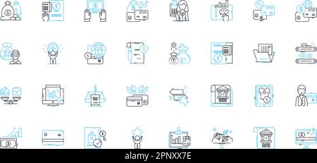 Accounting services linear icons set. Bookkeeping, Taxation, Payroll, Auditing, Financial statements, Invoicing, Budgeting line vector and concept Stock Vector