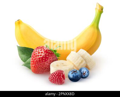 Bunch of fruits. Fruits for smoothie. Banana, strawberry, blueberry, raspberry isolated on white background with clipping path Stock Photo