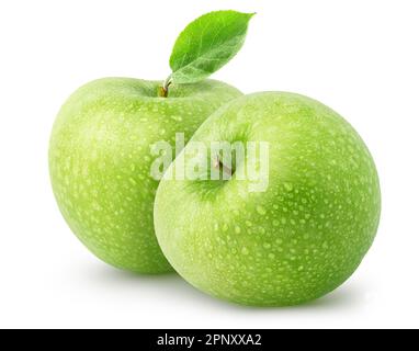 Isolated wet apples. Two whole green apple fruits isolated on white background with clipping path Stock Photo
