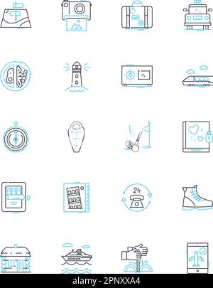 Occupation expeditions linear icons set. Exploration, Adventure, Discovery, Trekking, Mountaineering, Expeditionary, Research line vector and concept Stock Vector