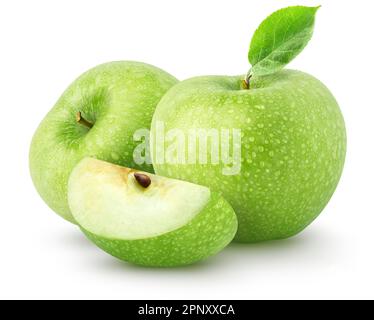 Isolated wet apples. Two green apple fruits with slice isolated on white background with clipping path Stock Photo