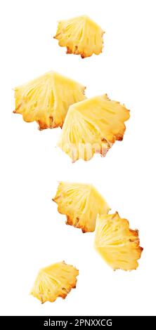Isolated flying pineapple. Falling sliced ananas fruit isolated on white background with clipping path Stock Photo