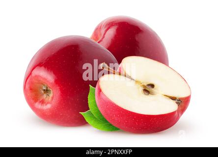 Isolated apples. Two whole red, pink apple fruits and half with leaves isolated on white background with clipping path Stock Photo