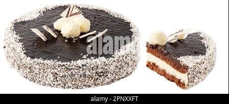 Cake with chocolate and coconut flakes. Birthday pie with white chocolate, coconut balls and slice isolated on white bakcground with clipping path Stock Photo