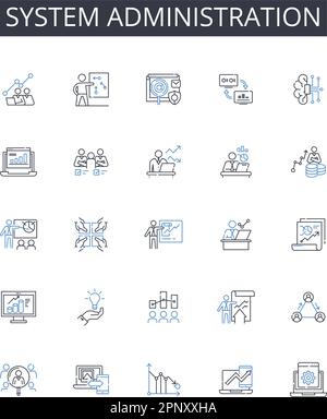 System administration line icons collection. Nerk management, Cybersecurity, IT support, User management, Data analysis, Cloud computing, Project Stock Vector