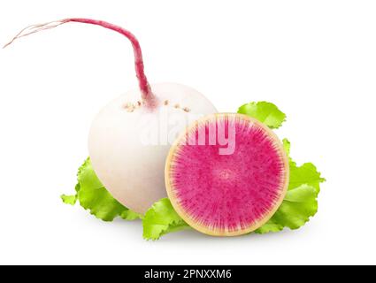 Isolated watermelon radishes. Whole raw watermelon radish and half with leaves isolated on white background with clipping path Stock Photo