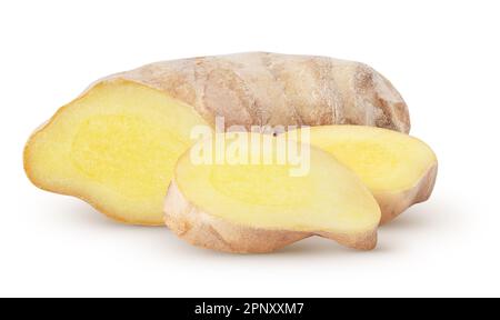Isolated ginger. Raw ginger root with slices isolated on white background, with clipping path Stock Photo