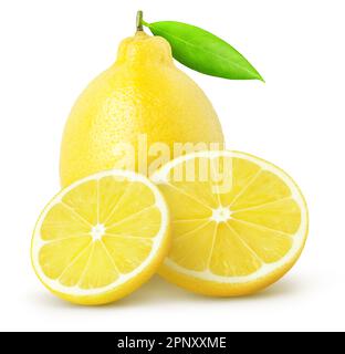 Isolated lemons. Whole lemon and slices isolated on white with clipping path Stock Photo