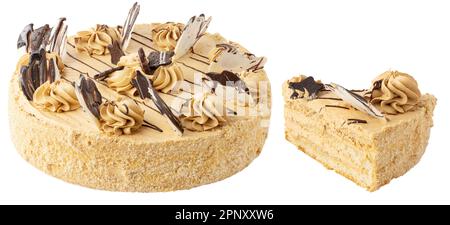 Cake with cream. Birthday pie (cake) with chocolate stars on top and slice isolated on white bakcground with clipping path Stock Photo