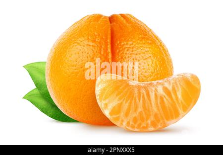 Isolated citrus fruit. Whole tangerine (mandarin) with leaves and segment isolated on white background with clipping path Stock Photo