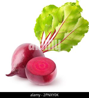 Isolated Beetroots. Whole and half beetroots with leaves isolated on white background with clipping path Stock Photo