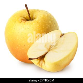 Isolated wet apples. Whole yellow (golden) apple fruit with half isolated on white, with clipping path Stock Photo