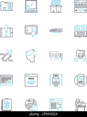Gadget linear icons set. Smartph, Laptop, Tablet, Camera, Headphs, Earbuds, Smartwatch line vector and concept signs. Fitness-tracker,VR-headset Stock Vector