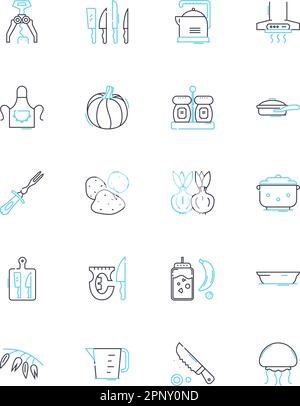 Dishware linear icons set. Plate, Bowl, Cup, Saucer, Spoon, Fork, Knife line vector and concept signs. Platter,Serving dish,Charger outline Stock Vector