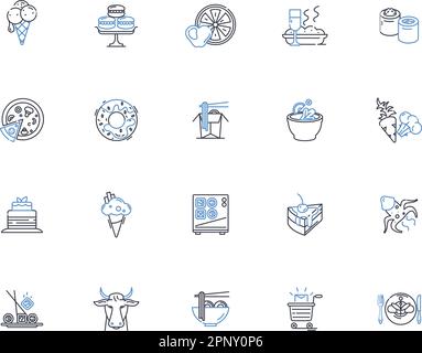 Neighborhood bodega line icons collection. Convenience, Grocery, Snacks, Drinks, Lottery, Cigarettes, Deli vector and linear illustration. Quick Stock Vector