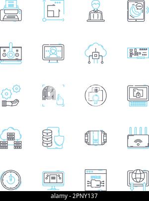 Cyber technology linear icons set. Encryption, Malware, Hacking, Firewall, Cyberattack, Cybersecurity, Cybercrime line vector and concept signs. Data Stock Vector