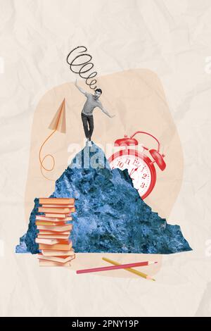Poster banner collage of young guy climb up mountain balancing book education self development concept Stock Photo