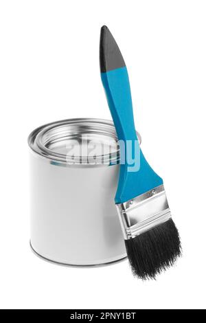 Generic white tin can with paint and a flat brush for painting walls, furniture or art. Isolated on white background Stock Photo