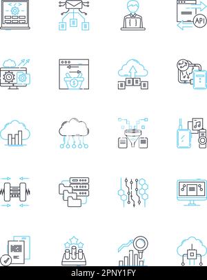 Market monitoring linear icons set. Analysis, Forecasting, Insights, Tracking, Reporting, Metrics, Trends line vector and concept signs. Data Stock Vector
