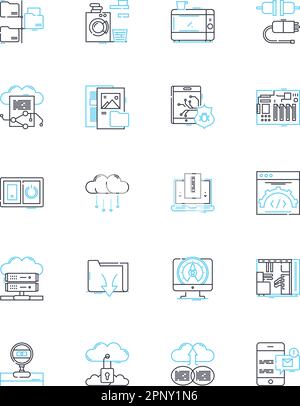 Gadget linear icons set. Smartph, Tablet, Watch, Earbuds, Laptop, Camera, Dr line vector and concept signs. VR headset,Fitness tracker,Smart home Stock Vector